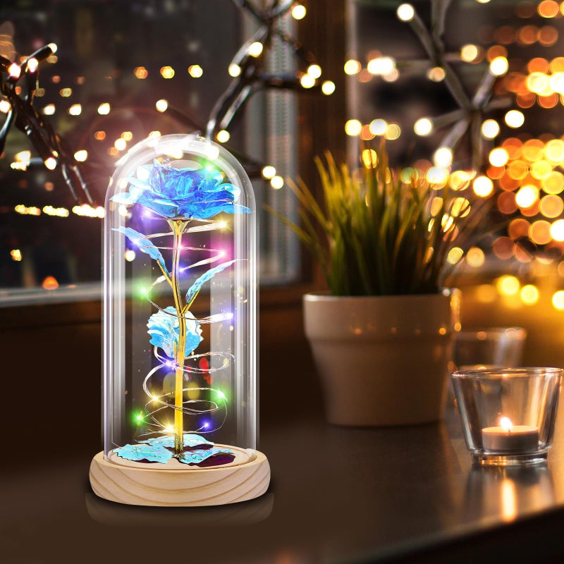 Otlonpe Rose Flower Gifts for Women Mothers Day Flowers Gifts for Mom Wife Grandma Birthday Gifts for Women Led Light Up Glass Rose Handmade Flower Women Gifts for Mothers Day Christmas (Wood Blue) - Image 2