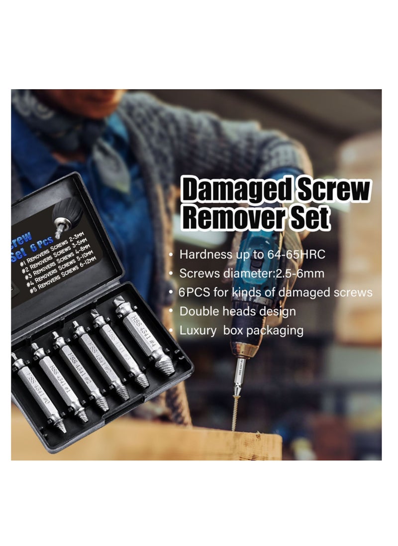 Damaged Screw Bolt Extractor Kit 6 PCS, Extractor Remover Tool and Drill Bit Set, Stripped Screw Remover, Broken Bolt Extractor Kit Made from H.S.S. 4341#