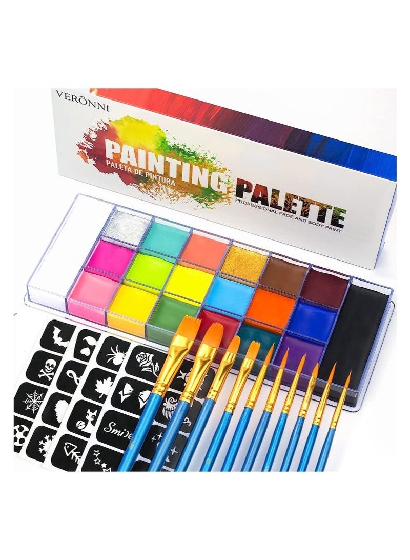 20 Colors Body Face Painting Role Play Makeup Palette Set, Professional Face Painting Kit for Kids and Adults,  Red Black and White Special Effects Paint Palette, Including 10 Brushes + 5 Stencils + Palette - Image 1