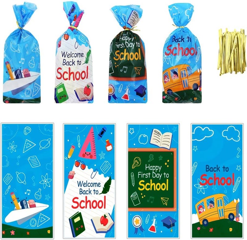 Winterworm Back to School Gift Bags with Twist Ties100 Pcs First Day of School Classroom Party Goodie Treat Bags Kids Candy Bags Blue Cookie Bags for Welcome Back to School Decorations Party Favor Bags - Image 1