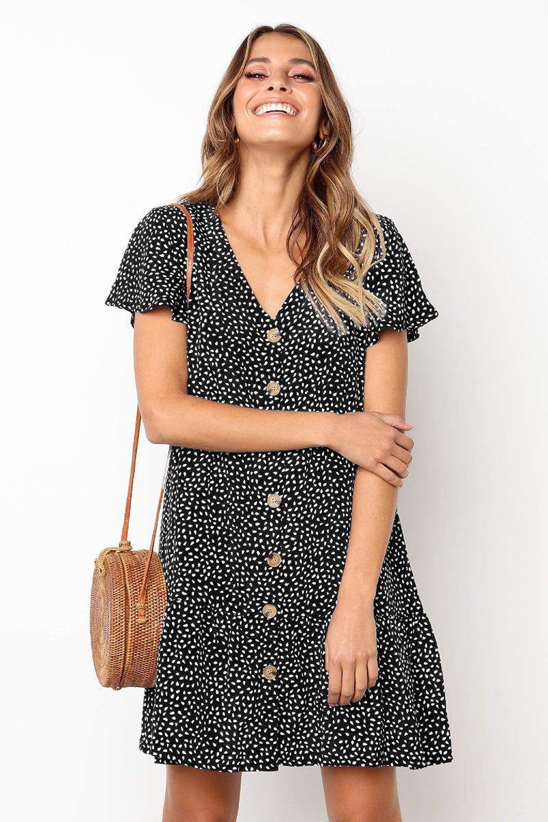European and American cross-border special for 2019 summer new fashion V-neck button print short-sleeved dress YS8101137 yellow S - Image 3