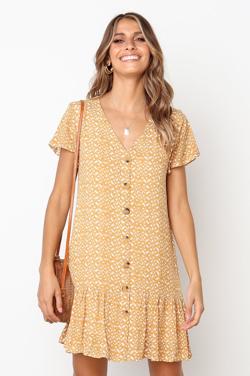European and American cross-border special for 2019 summer new fashion V-neck button print short-sleeved dress YS8101137 yellow S - Image 4