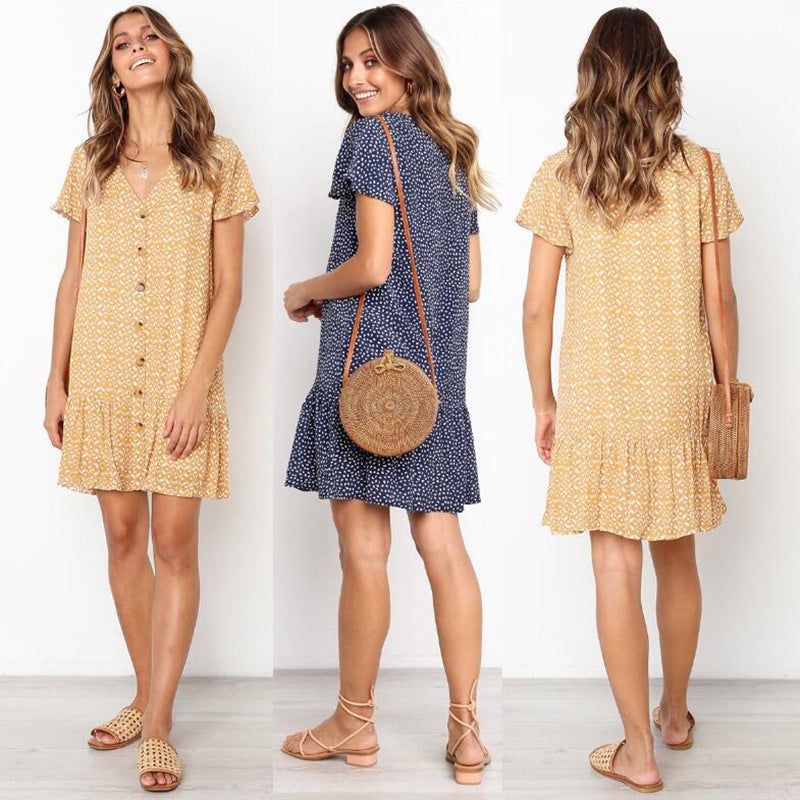 European and American cross-border special for 2019 summer new fashion V-neck button print short-sleeved dress YS8101137 yellow S - Image 5