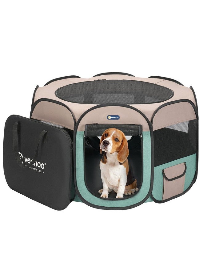 Veehoo Veehoo Portable Dog Playpen - Medium Dog Playpen Indoor/Outdoor with Removable Zipper Top, Foldable Dog Play Pen Pet Playpen with Carrying Case, Green - Image 1