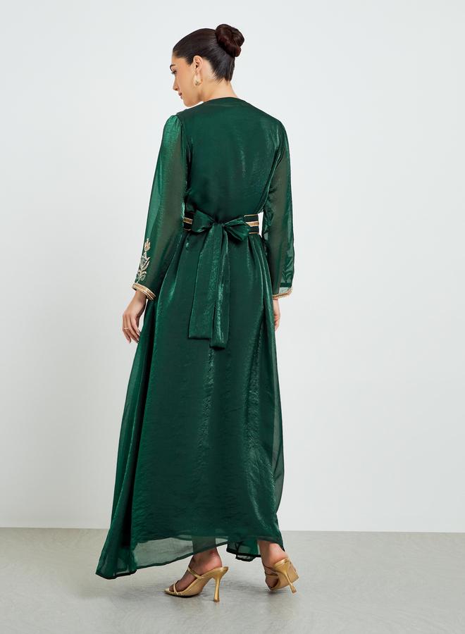 Amirah Green Belted Embellished Kaftan with Maxi Dress Set - Image 3