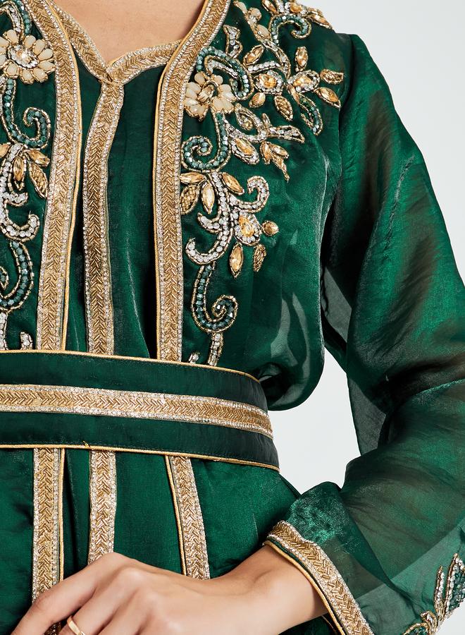 Amirah Green Belted Embellished Kaftan with Maxi Dress Set - Image 4
