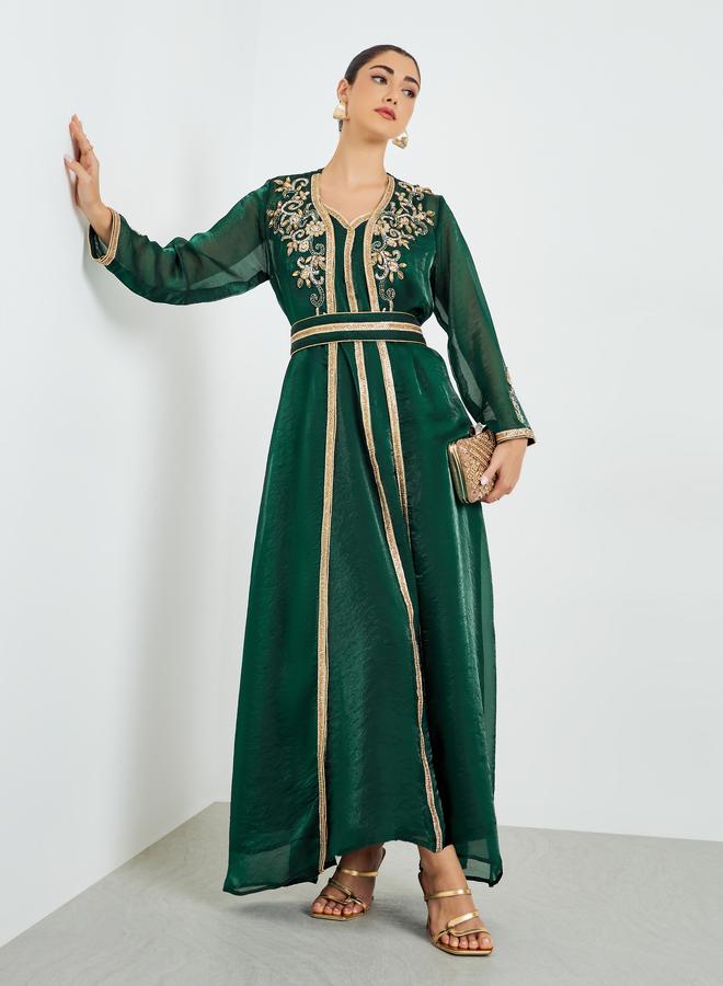 Amirah Green Belted Embellished Kaftan with Maxi Dress Set - Image 1