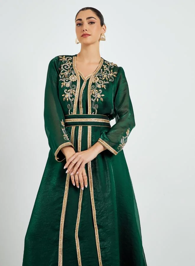 أميرة Green Belted Embellished Kaftan with Maxi Dress Set