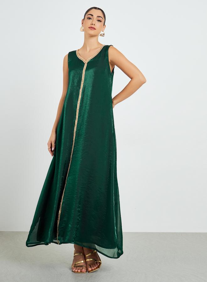Amirah Green Belted Embellished Kaftan with Maxi Dress Set - Image 5