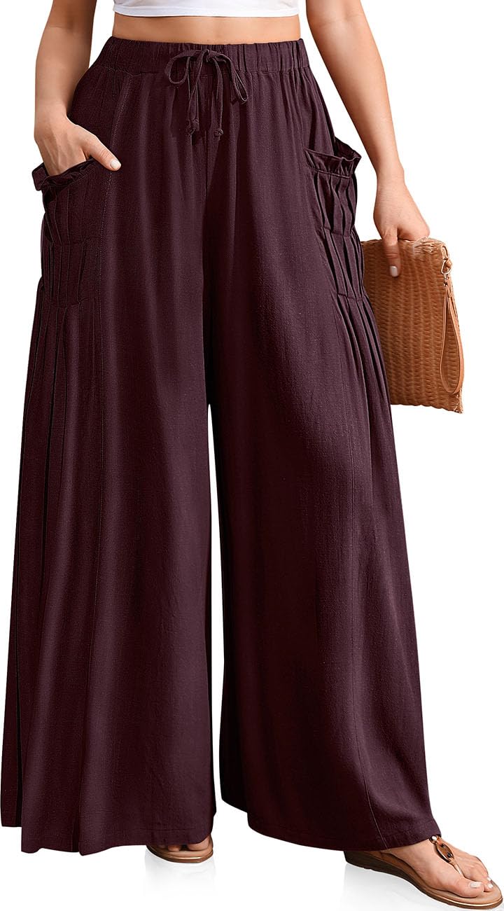 TARSE Women's 2025 Summer Wide Leg Palazzo Pants High Waisted Flowy Pockets Trendy Casual Lounge Boho Beach Trousers Burgundy, M - Image 1