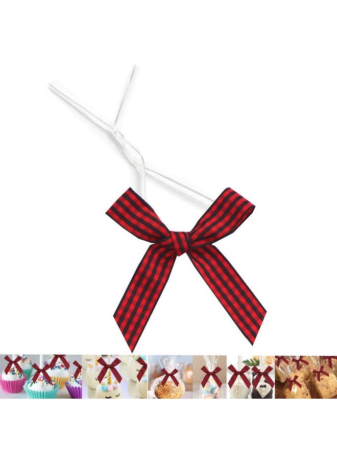 GUIFIER 50 Count 3 Inch Gingham Ribbon Twist Tie Bows, Checkered Pretied Bows With Twist Ties, Twist Bow Ties For Treats, Cake Pops, Baby Shower, Crafts, Gift Wrapping, Cookies(Black And Red Plaid) - Image 1