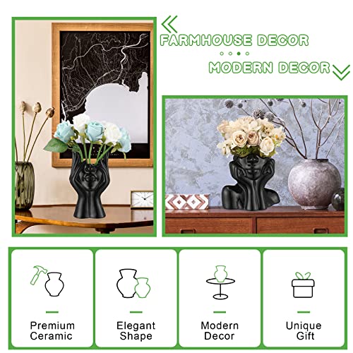 Sieral 3 Pcs Ceramic Face Vase Female Form Flower Modern Body Vase for Decor with Head Half Body Bust Centerpiece for Table Shelf Home Bedroom Room Office(Small,Black) - Image 3