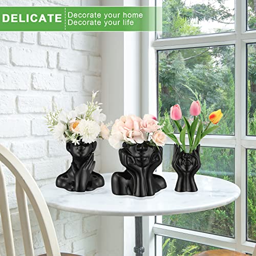 Sieral 3 Pcs Ceramic Face Vase Female Form Flower Modern Body Vase for Decor with Head Half Body Bust Centerpiece for Table Shelf Home Bedroom Room Office(Small,Black) - Image 5
