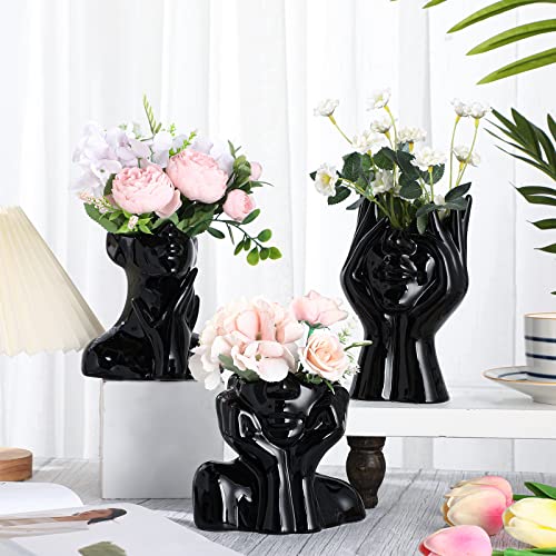 Sieral 3 Pcs Ceramic Face Vase Female Form Flower Modern Body Vase for Decor with Head Half Body Bust Centerpiece for Table Shelf Home Bedroom Room Office(Small,Black) - Image 1