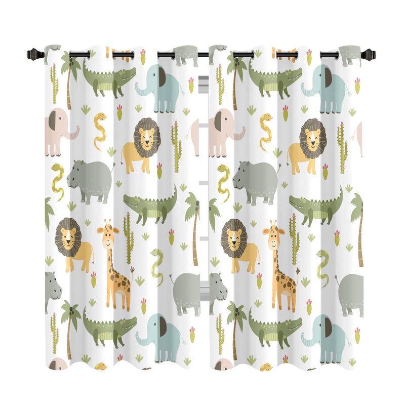 MESHELLY MESHELLY Baby Safari Animals Blackout Curtains 52Wx63H Inch for Boy Bedroom Grommet Pair Kids Woodland Jungle Lion Elephant Art Printed Curtains for Nursery Living Room Window Treatment Fabric 
