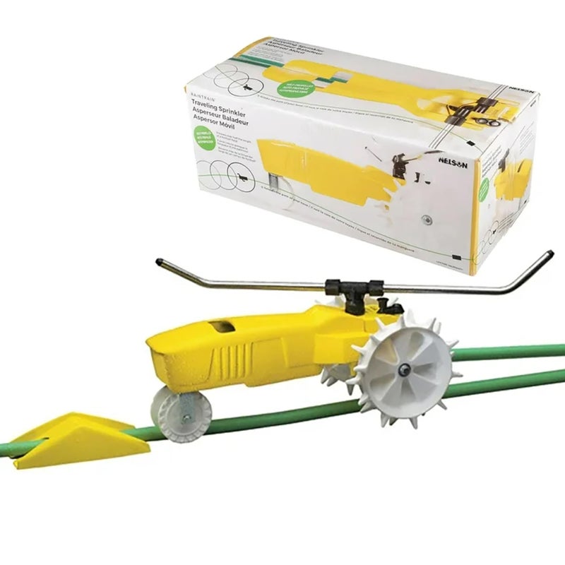 Nelson Rain Train 13,500 Square Feet Cast Iron Outdoor Lawn Traveling Water Sprinkler for Yard, and Garden, with Auto Shut Off, Yellow - Image 1