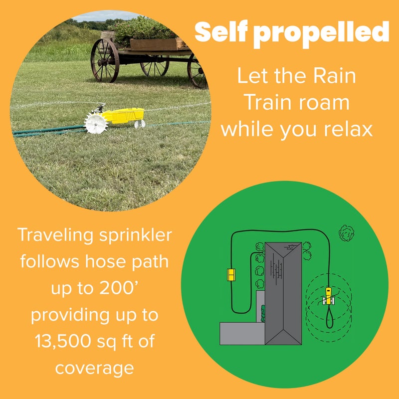 Nelson Rain Train 13,500 Square Feet Cast Iron Outdoor Lawn Traveling Water Sprinkler for Yard, and Garden, with Auto Shut Off, Yellow - Image 2