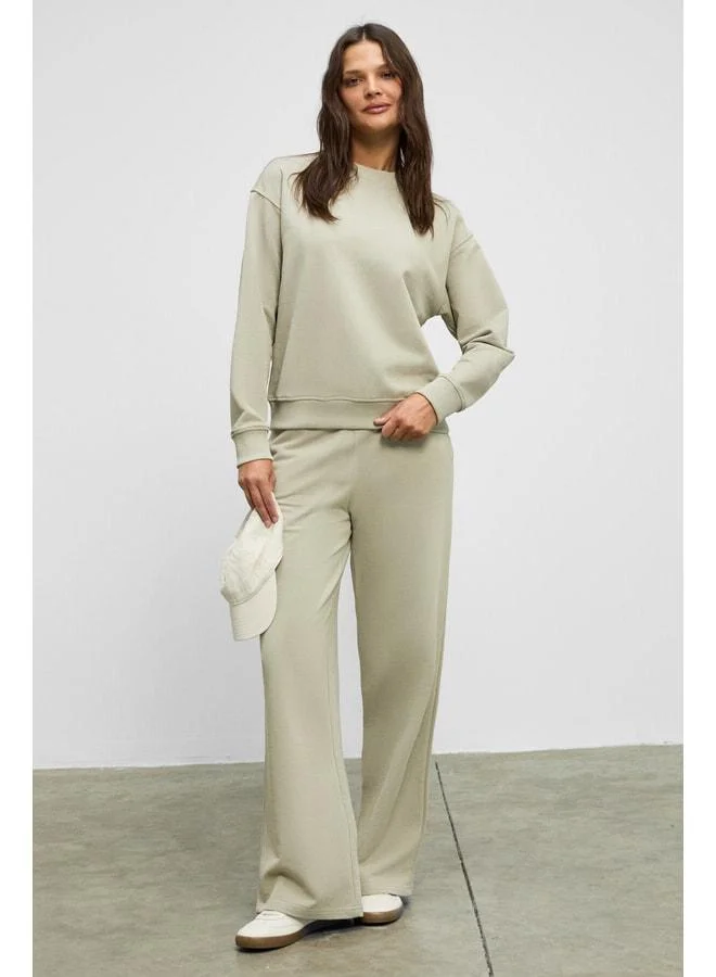 Ethiquet ANSELMA Women's Organic Cotton Regular Waist Elastic Cord Double Pocket Wide Leg Open Khaki Top-Bottom.