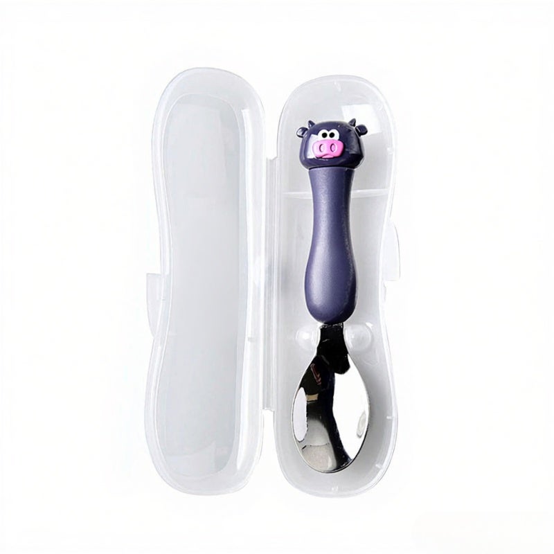 Children Spoon: Purple Food Grade Stainless Steel & Plastic Cute Vivid Spoon - Round Smooth Mouth-Safe Spoon With Storage Case for Toddlers Kids Home Outdoor Use - Image 1