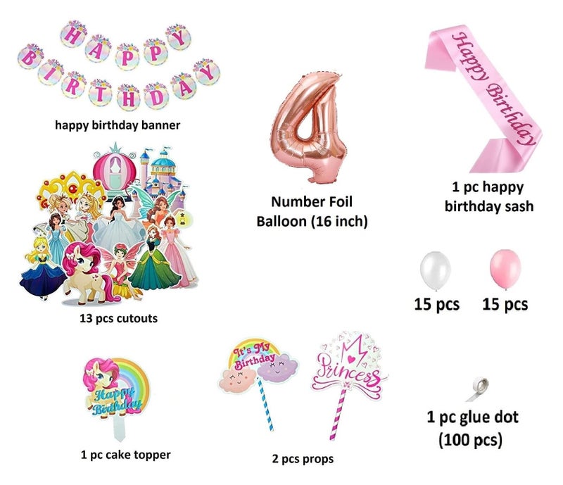 FI - FLICK IN 50 pcs Happy 4th Birthday Decoration Kit for Girls Car Castle Cutouts Princess Sash Led Light Princess Birthday Decoration Number 4 Foil Balloon (Pack of 50, Pink) - Image 2