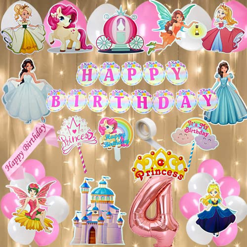 FI - FLICK IN 50 pcs Happy 4th Birthday Decoration Kit for Girls Car Castle Cutouts Princess Sash Led Light Princess Birthday Decoration Number 4 Foil Balloon (Pack of 50, Pink) - Image 1