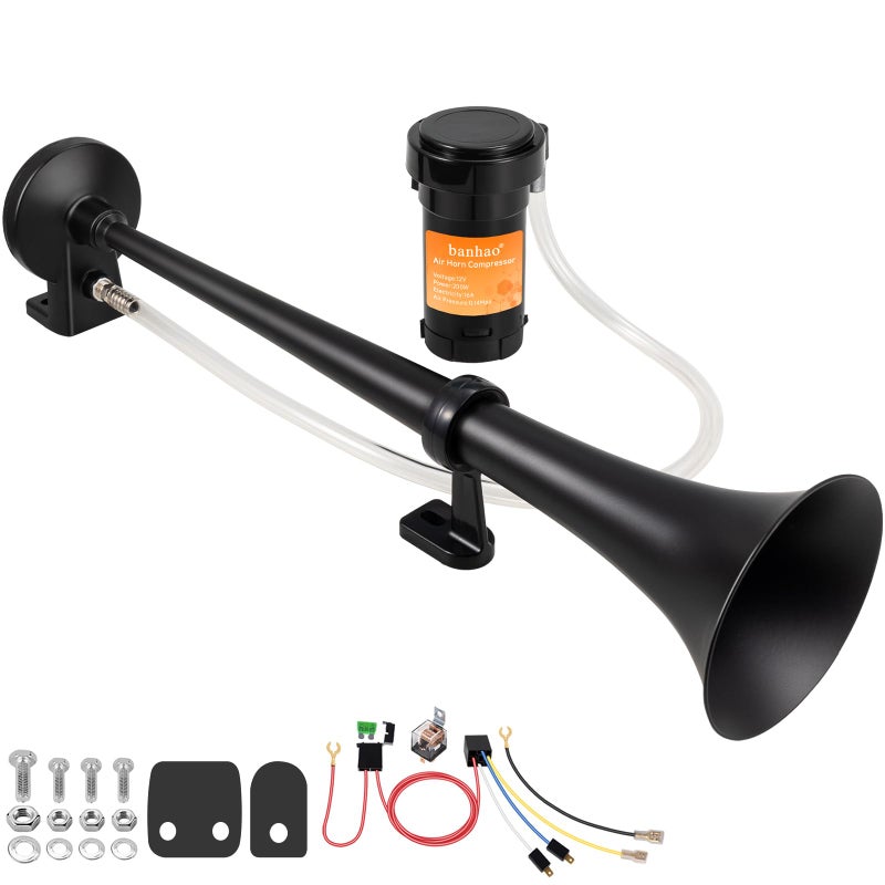 Train Horn for Truck 150db 12V Super Loud black Single Trumpet Truck Air Horn with Compressor suitable for Any 12V Vehicles Train Car Ship Boat Lorry Black 1 tube horn with wire