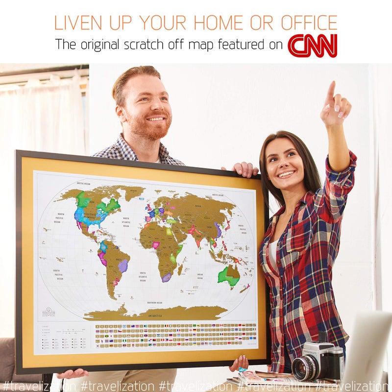 Travelization خريطة العالم القابلة للخدش Travelization XL مع 196 علم دولة 36" × 24" خريطة سفر قابلة للإطار بألوان زاهية وطلاء ذهبي فاخر، متتبع جميل للأماكن التي تمت زيارتها للمسافرين، أبيض - Image 2