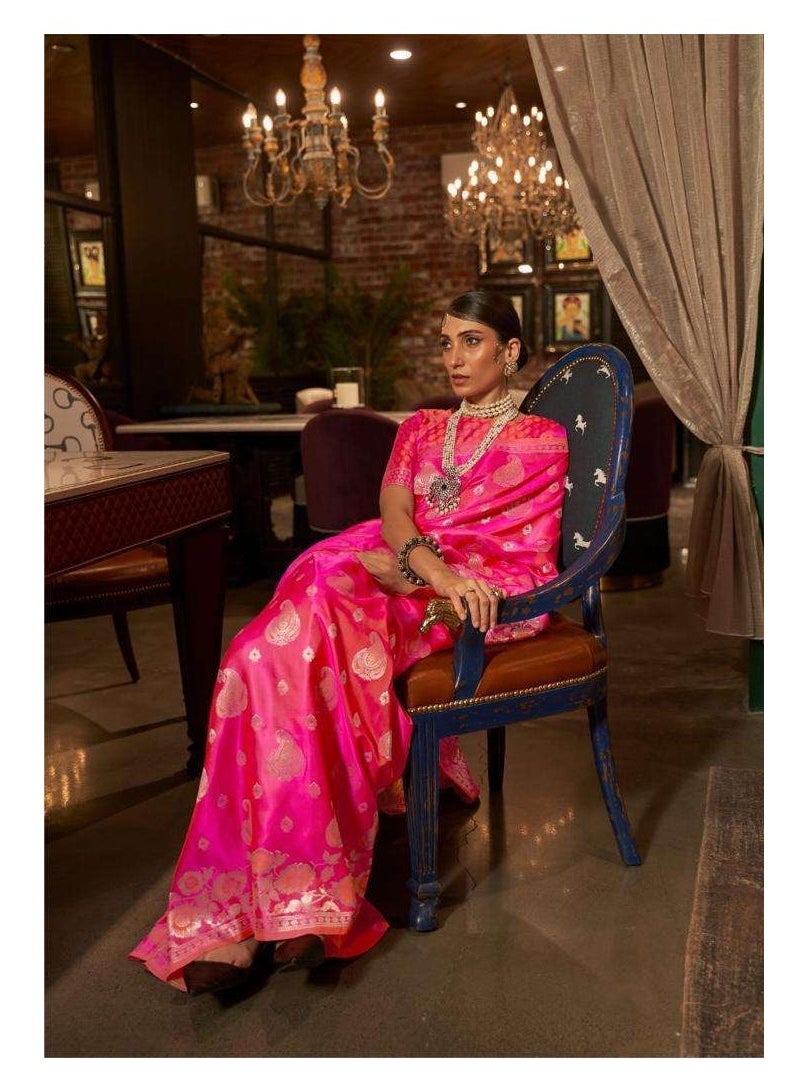 Grab Mantra - Pink soft silk saree with Silver weaving design plus unstitched blouse - Image 1