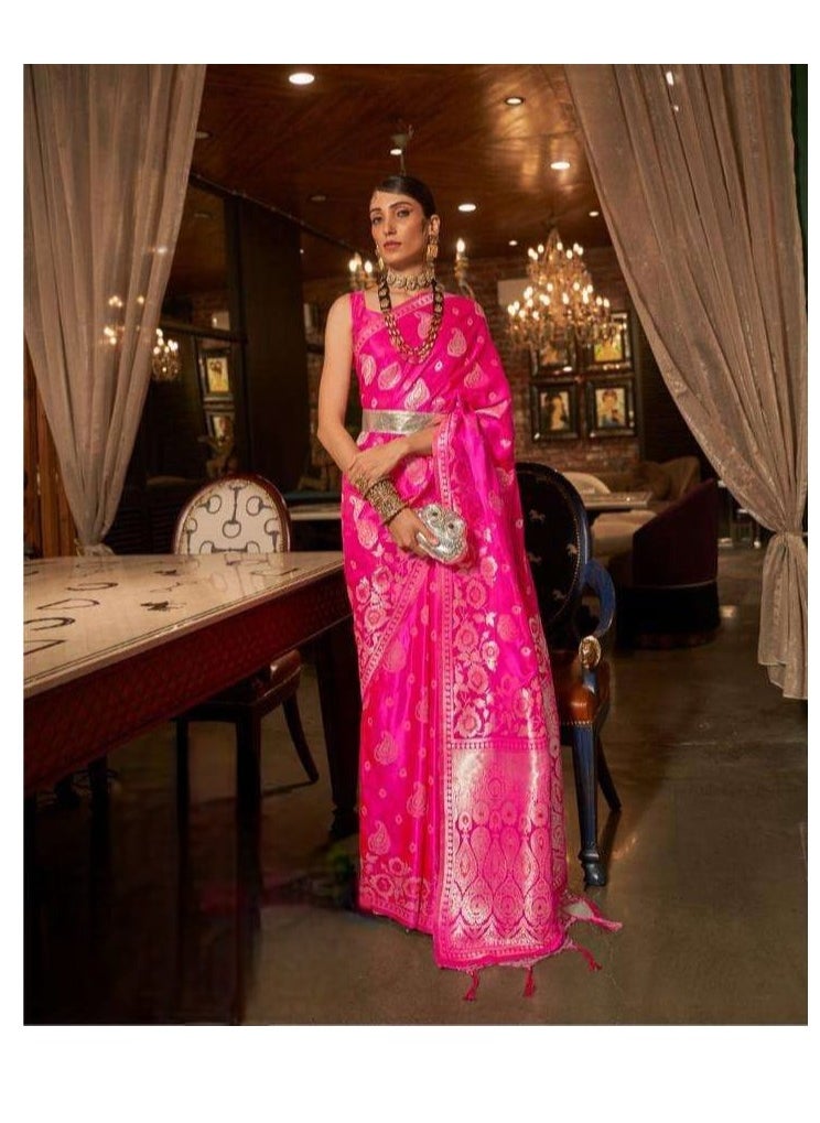Grab Mantra - Pink soft silk saree with Silver weaving design plus unstitched blouse - Image 1