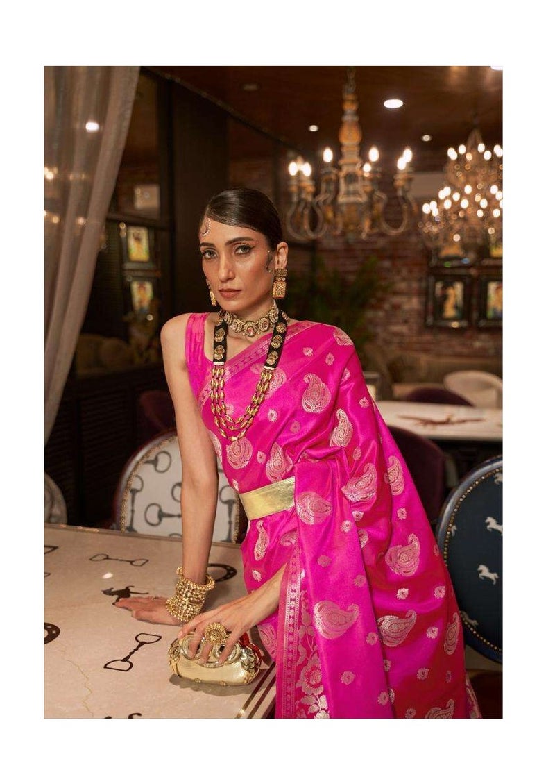 Grab Mantra - Pink soft silk saree with Silver weaving design plus unstitched blouse - Image 1