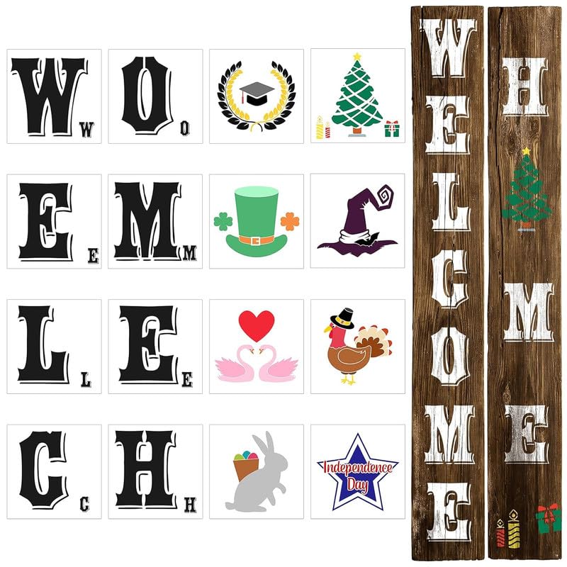 Devasya Crafts 16 Pieces Reusable Welcome Stencil Large Vertical Welcome Sign Stencil with Festival Stencils for Painting on Wood Porch Sign and Front Door - Image 1