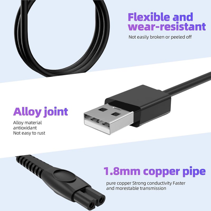 كاست ويف كابل شحن USB بقوة 5 فولت لماكينة الحلاقة فيليبس OneBlade، متوافق مع QP2724 QP2824 QP2734 QP2834 MG5910 MG9520 S3145 S7885 S7887 S5884 X3053 X3001 X5004 X5012، سلك شحن متين ومحمول (أسود) - Image 3