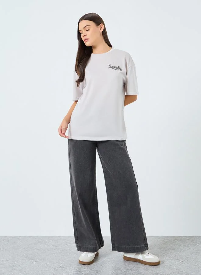 Styli Styli Grey Slogan Detail Oversized T-Shirt