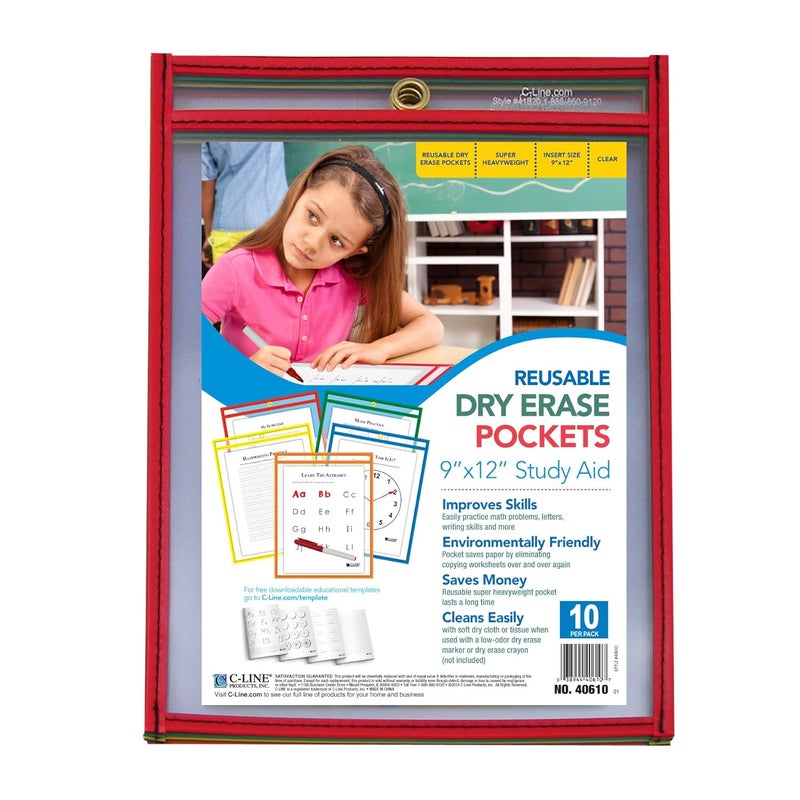 C-Line Reusable Dry Erase Pockets, 9 x 12 Inches, Assorted Primary Colors, 10 Pockets per Pack (40610) - Image 2