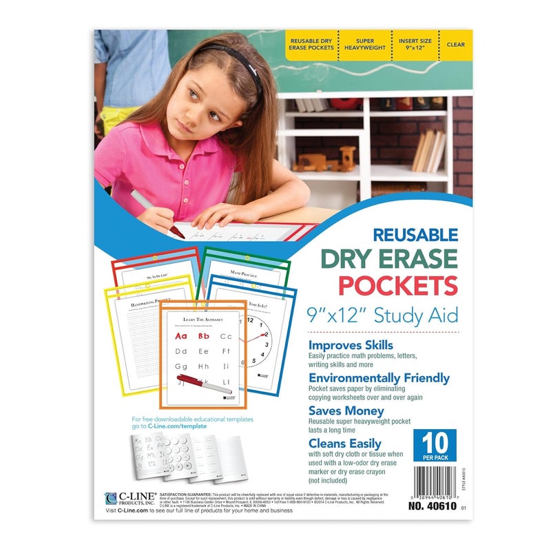 C-Line Reusable Dry Erase Pockets, 9 x 12 Inches, Assorted Primary Colors, 10 Pockets per Pack (40610) - Image 5