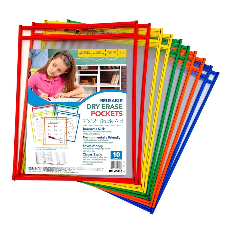 C-Line Reusable Dry Erase Pockets, 9 x 12 Inches, Assorted Primary Colors, 10 Pockets per Pack (40610) - Image 4