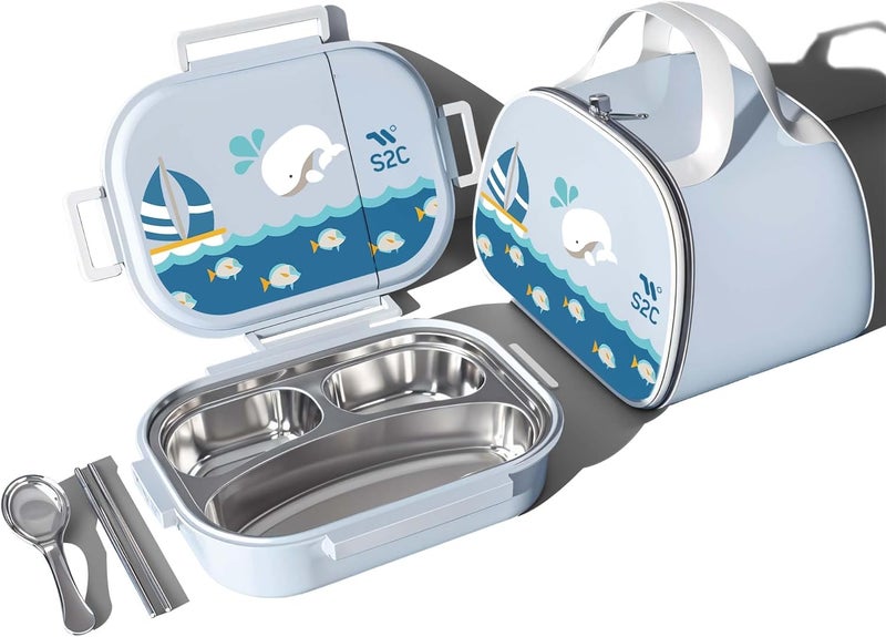 S2C Stainless Steel Kids Lunch Box | Bento-Style Tiffin with Leak-Proof Lid & Insulated Bag | Cute Designs for School & Travel | Large 1600ML Capacity (BLUE WHALE, 3 COMPARTMENT) - Image 1