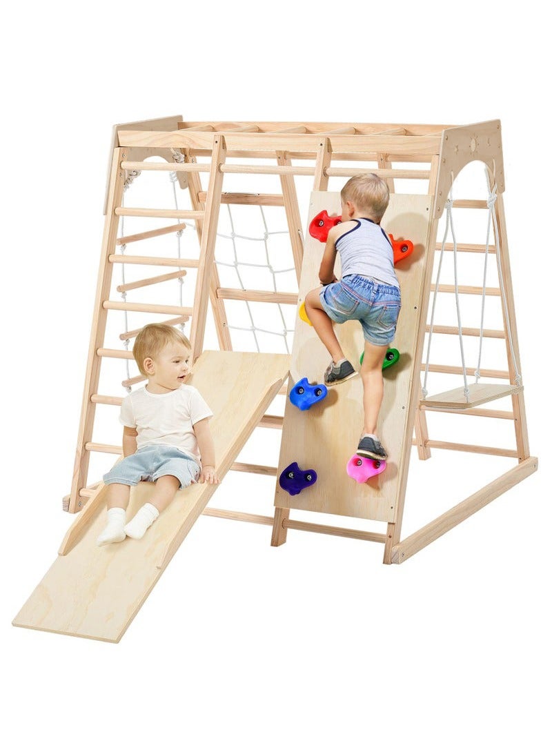 XiuWoo Climbing Toy for Toddler, Indoor Jungle Gym with Slide, Climbing Rock/Net, Monkey Bars, Swing, Rope Wall Climber Montessori Climber Playset Wooden Indoor Playground for Kids 2-12 years - Image 1