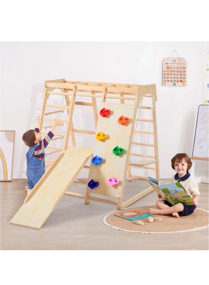 XiuWoo Climbing Toy for Toddler, Indoor Jungle Gym with Slide, Climbing Rock/Net, Monkey Bars, Swing, Rope Wall Climber Montessori Climber Playset Wooden Indoor Playground for Kids 2-12 years - Image 5
