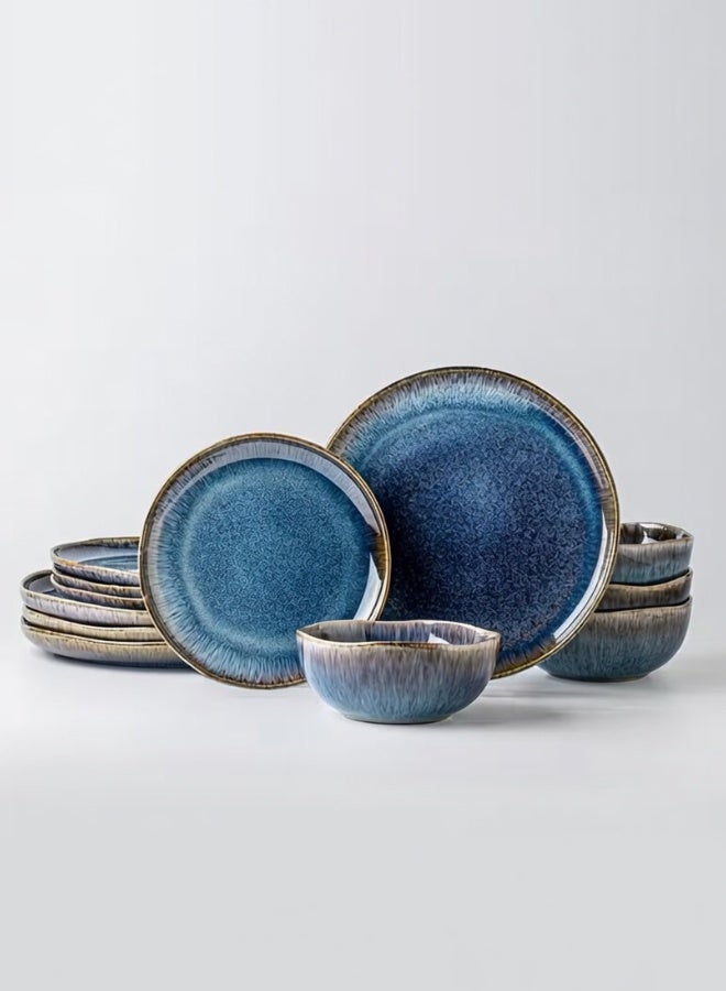 12 Piece Handcrafted Blue Glaze Dinnerware Set, Porcelain Dinnerware Sets, Heat-Resistant Ceramic Bowl And Plate Combination, Perfect for Housewarming Gifts And for home Dining Utensils - Image 1