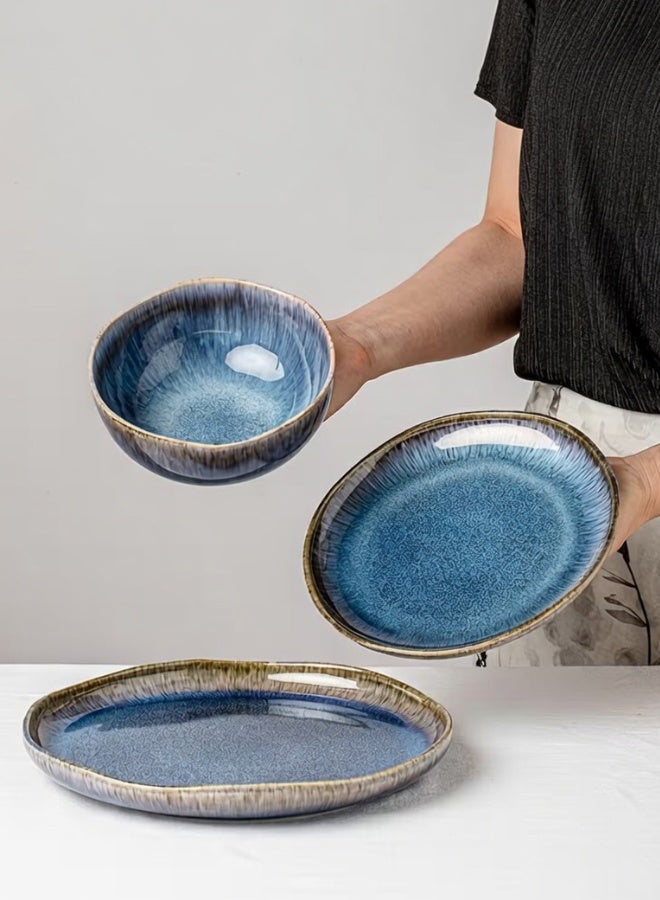 12 Piece Handcrafted Blue Glaze Dinnerware Set, Porcelain Dinnerware Sets, Heat-Resistant Ceramic Bowl And Plate Combination, Perfect for Housewarming Gifts And for home Dining Utensils - Image 2