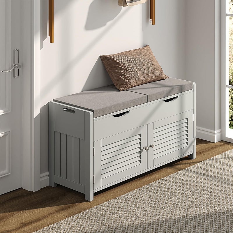 ChooChoo Shoe Storage Bench with Lift Top Storage Entryway Bench with 2 Cushioned Seats 3 Compartments Adjustable Shelf Shoe Cabinet for Entryway Bedroom Living Room Grey