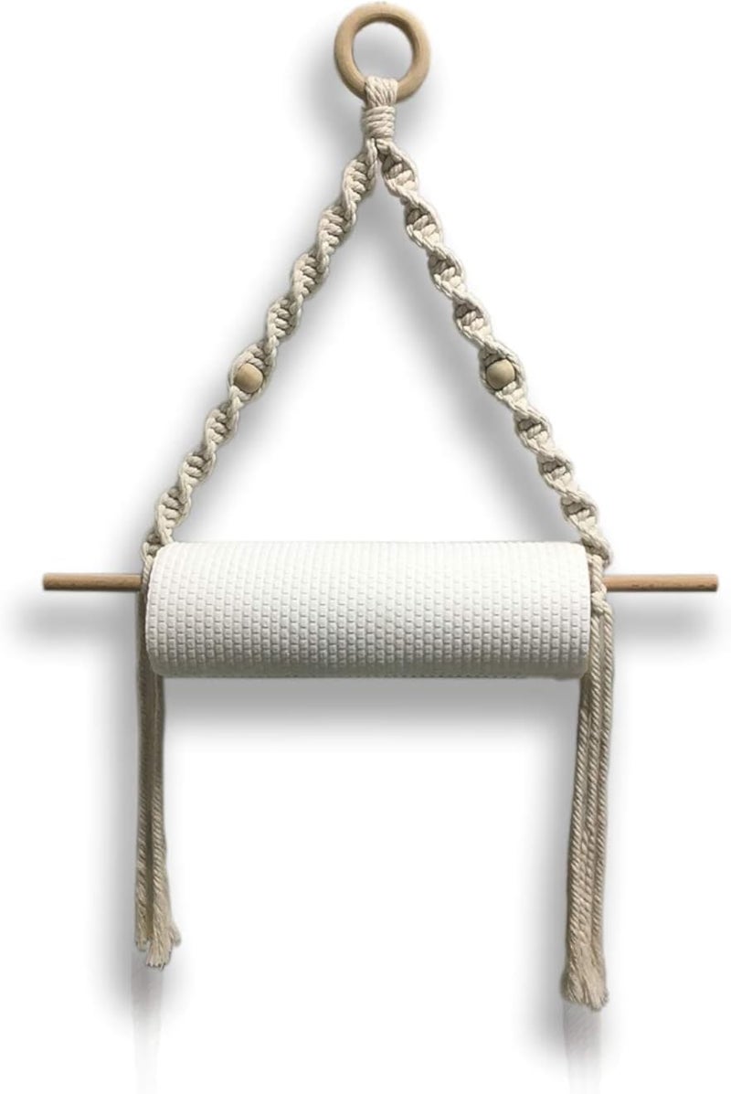 Macrame Toilet Paper Holder with Wooden Rod, Handwoven Cotton Rope, Cream White, Wall Mount Bathroom Storage, 22.4 x 15.7 Inch