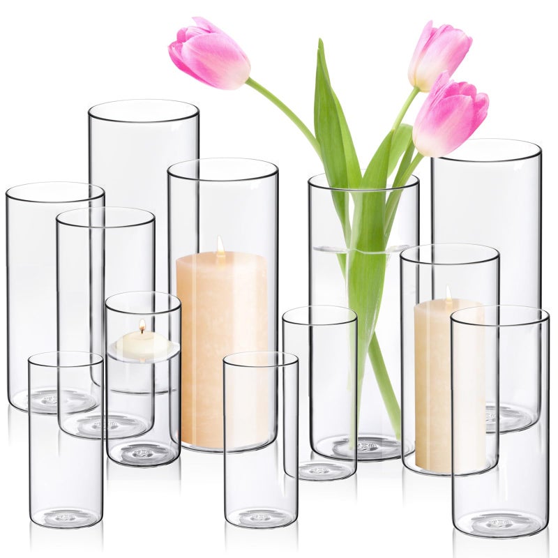 Cylinder Flower Vases 12PCS 10 78 6 Hurricane Candle Holders Pillar Votives Floating Candles Holder Clear Glass Vase for Spring Easter Wedding Party Decorations