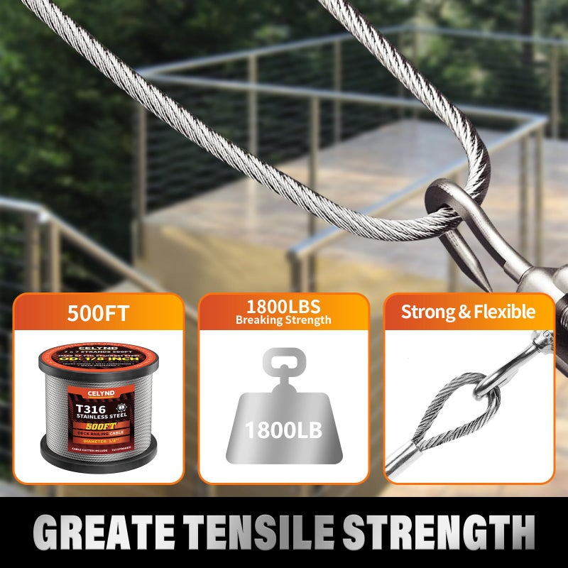 كابل Celynd من الفولاذ المقاوم للصدأ للدرابزين - كابل سلك حبل T316 بطول 500 قدم 1/8 بوصة لمجموعة نظام درابزين سطح السفينة - Image 4