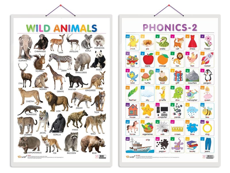 GoWoo Set of 2 Wild Animals and PHONICS - 2 Early Learning Educational Charts for Kids | 20"X30" inch |Non-Tearable and Waterproof | Double Sided Laminated ... Kindergarten and Nursery Students - Image 1