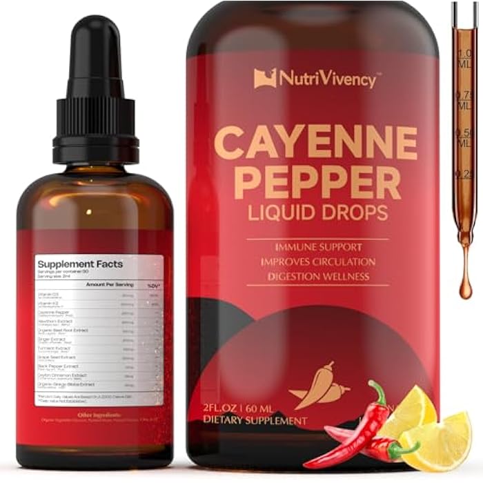 NutriVivency Cayenne Pepper Liquid Drops, Cayenne Pepper Supplements with Hawthorn Berry, Beet Root Powder, Turmeric, Vitamin K2 D3, Ceylon Cinnamon, Black Pepper, Organic Ginkgo Biloba, 2 Fl Oz - Image 1