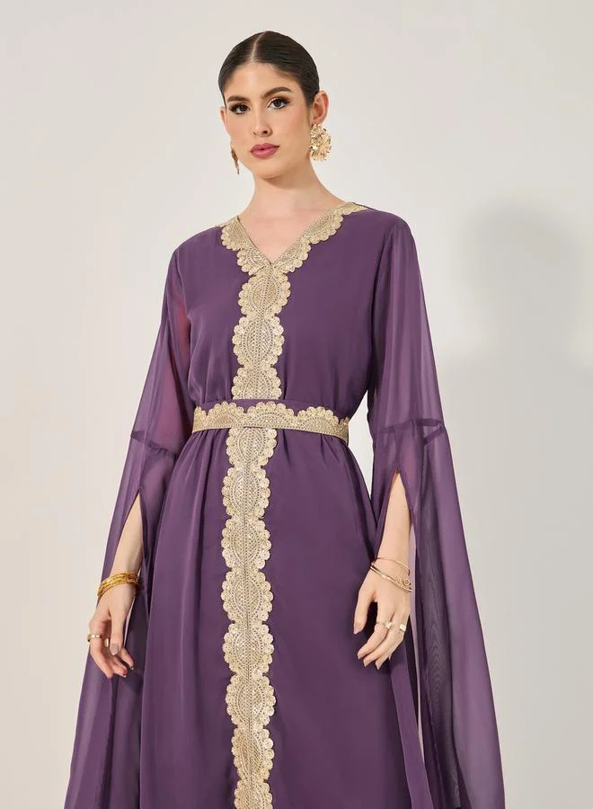 Styli Lace Insert Cape Sleeve V-Neck A-Line Kaftan
