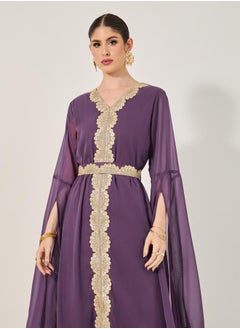 Styli Lace Insert Cape Sleeve V-Neck A-Line Kaftan  - Image 3