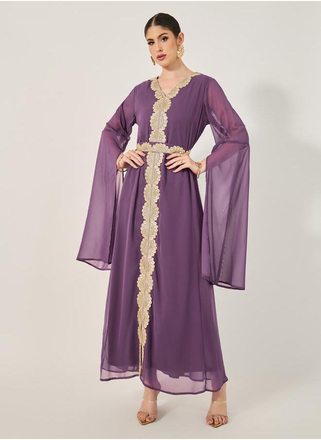 Styli Lace Insert Cape Sleeve V-Neck A-Line Kaftan  - Image 2
